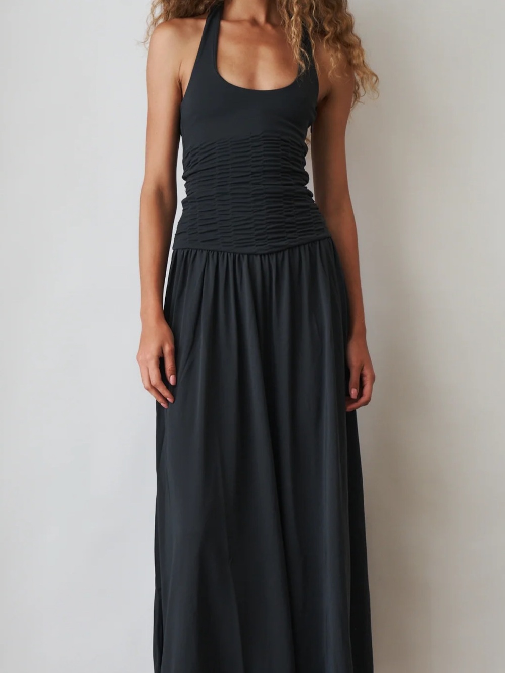 Black Ruched Waist Halter Maxi Skirt